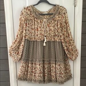 POL 3 Tiered Contrast Print Tie Neck Bohemian Dress S EUC